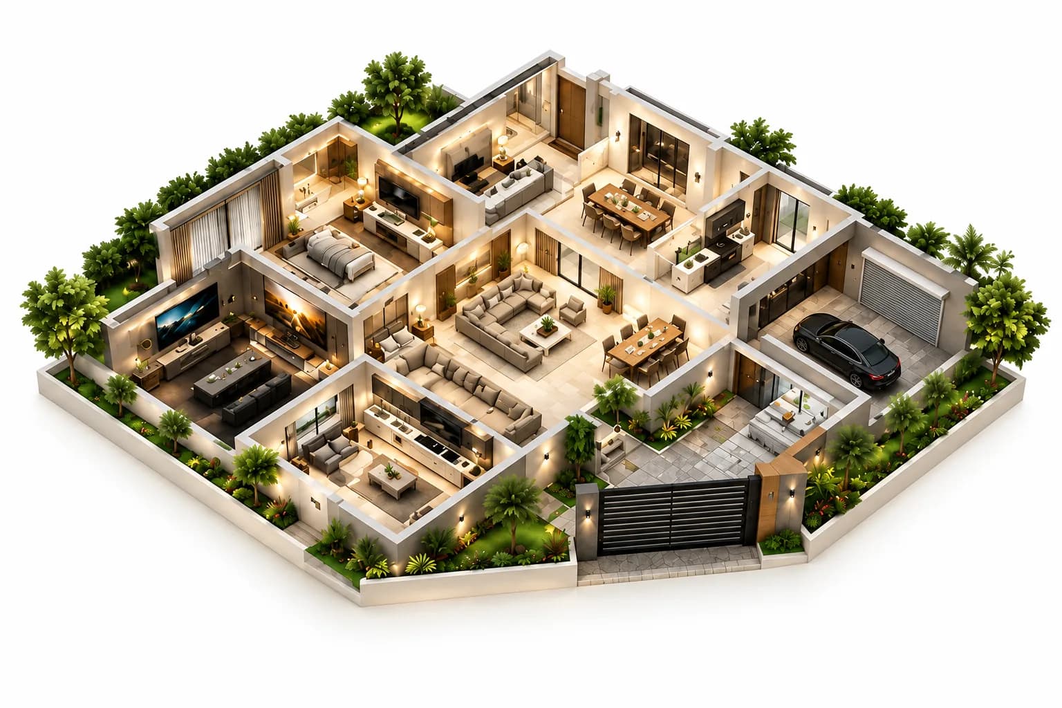 Isometric smart home with connected living spaces, a home theater, garage and landscaped entrance.