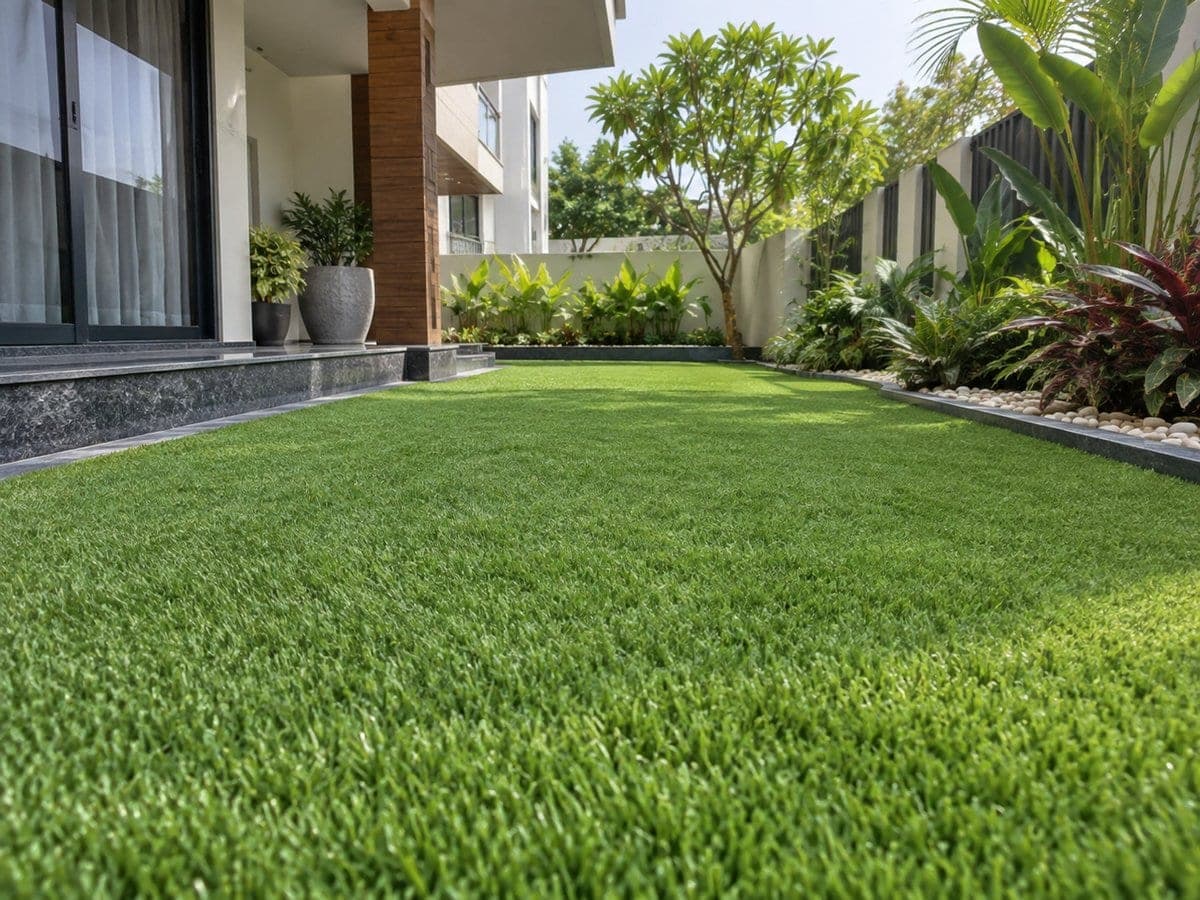 Artificial lawn in a landscaped area