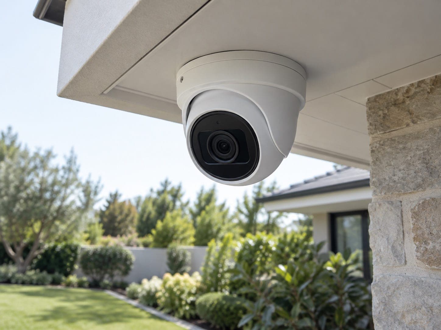 White turret CCTV camera mounted under a villa eave