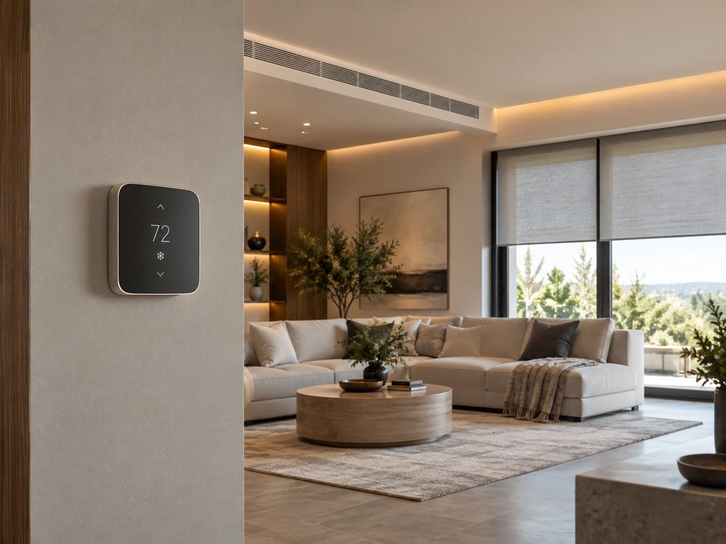 Smart thermostat mounted on a living room wall