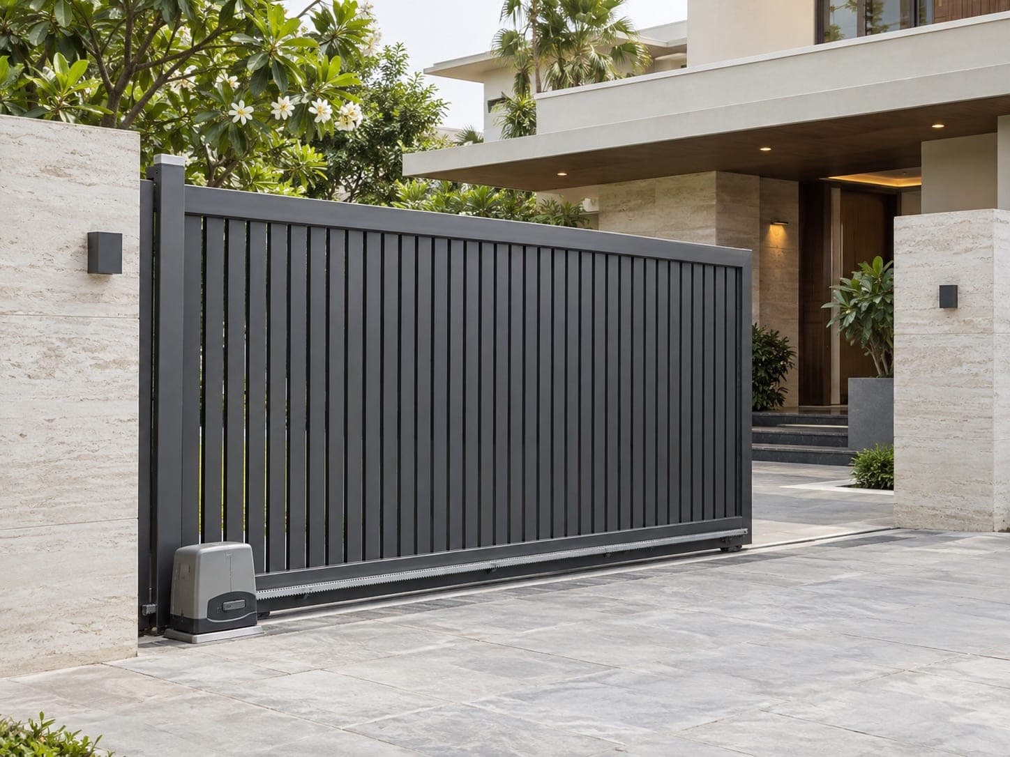 Installed sliding gate motor, rack, track and safety sensor