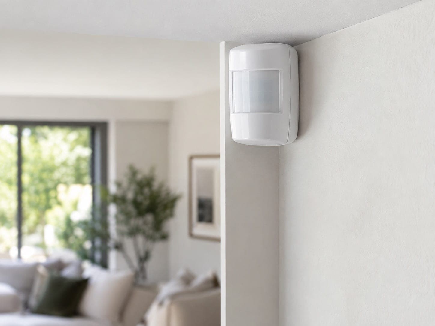 White PIR motion security sensor mounted in a room corner