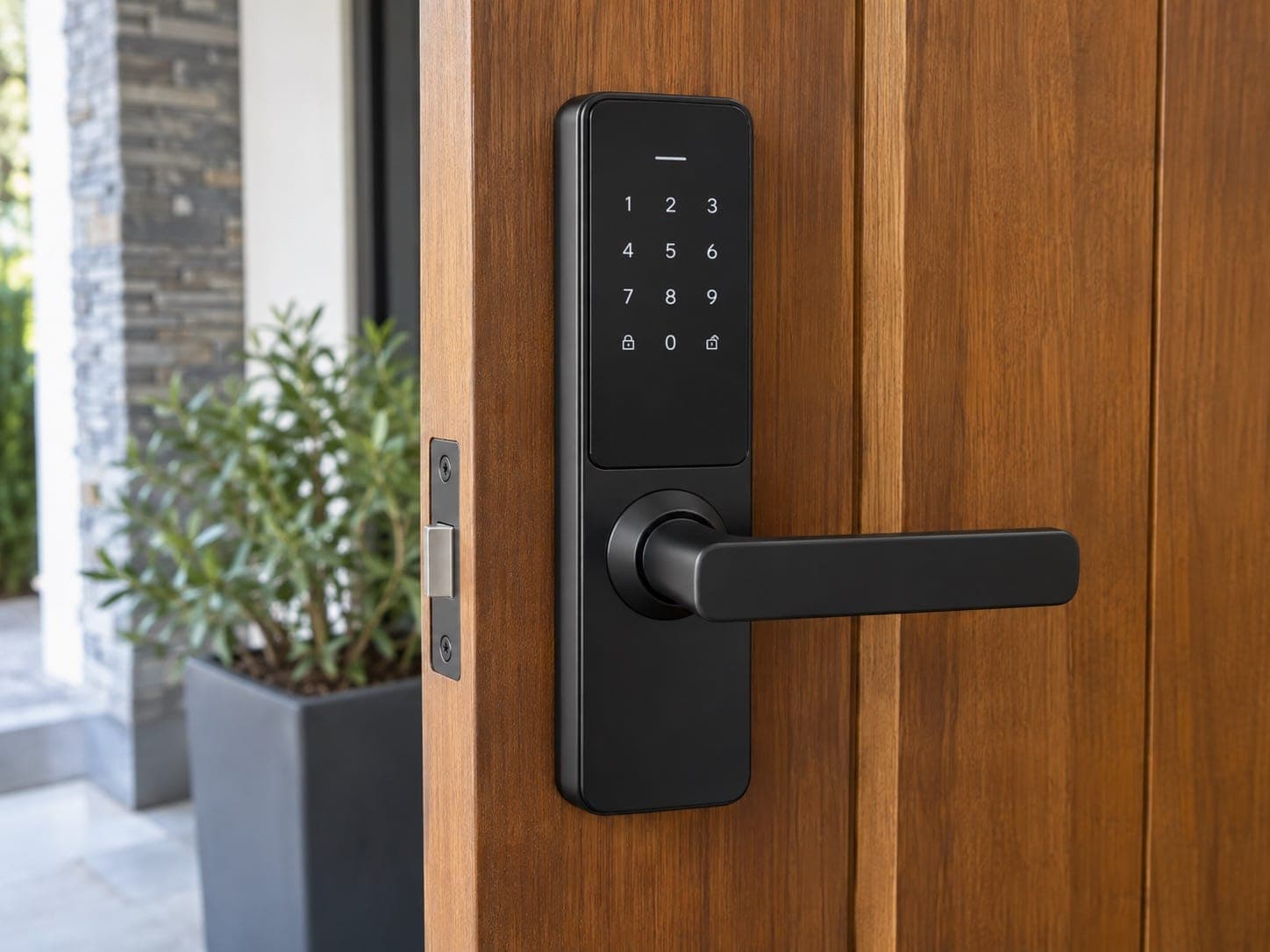 Matte black smart door lock with keypad and handle on a teak door