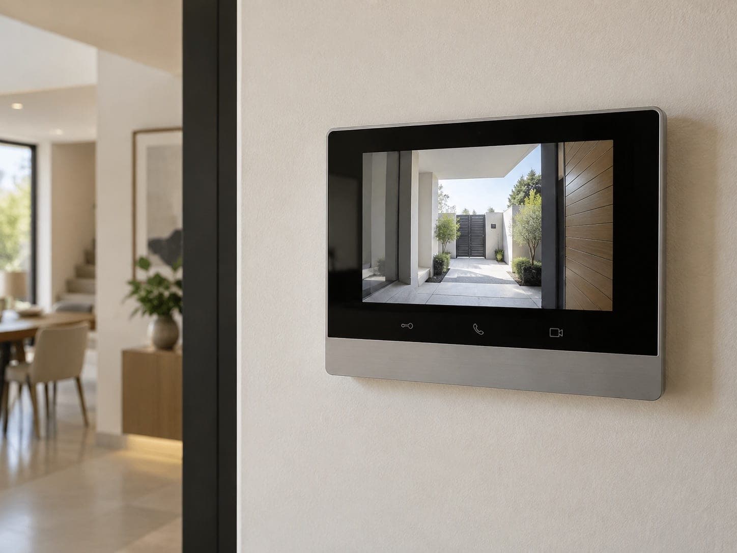Wall-mounted video door phone showing a villa entrance